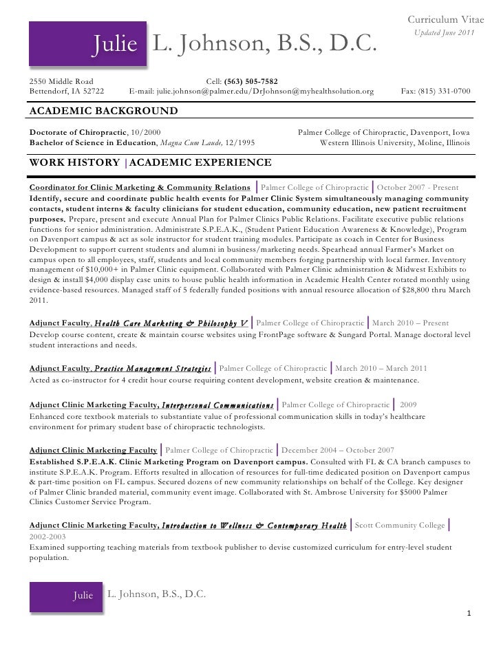 Curriculum Vitae Curriculum Vitae Samples Chiropractic