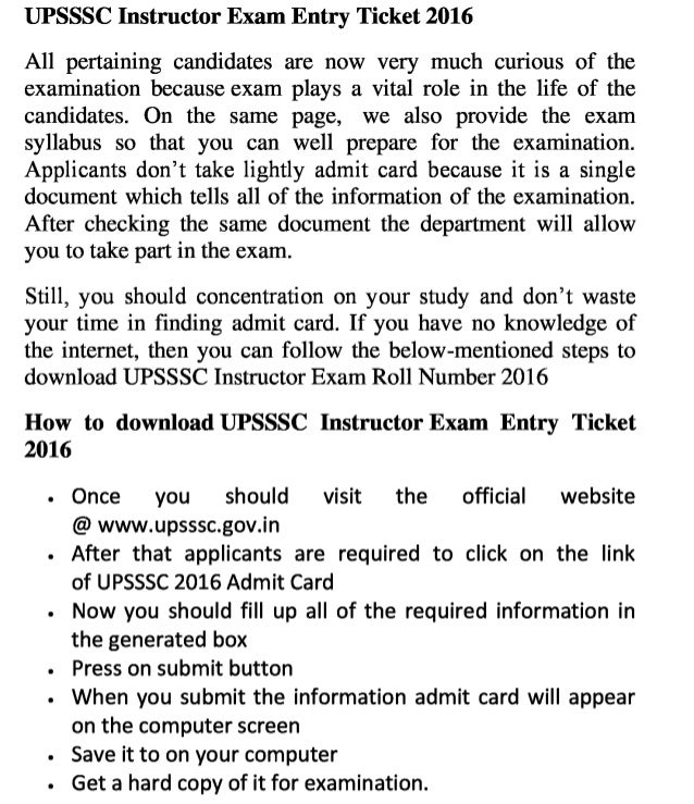 Upsssc instructor 2016 jobs exam admit card soon update result