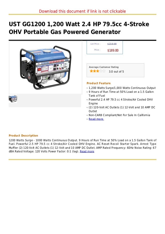 Ust gg1200 1,200 watt 2.4 hp 79.5cc 4 stroke ohv portable gas powered…