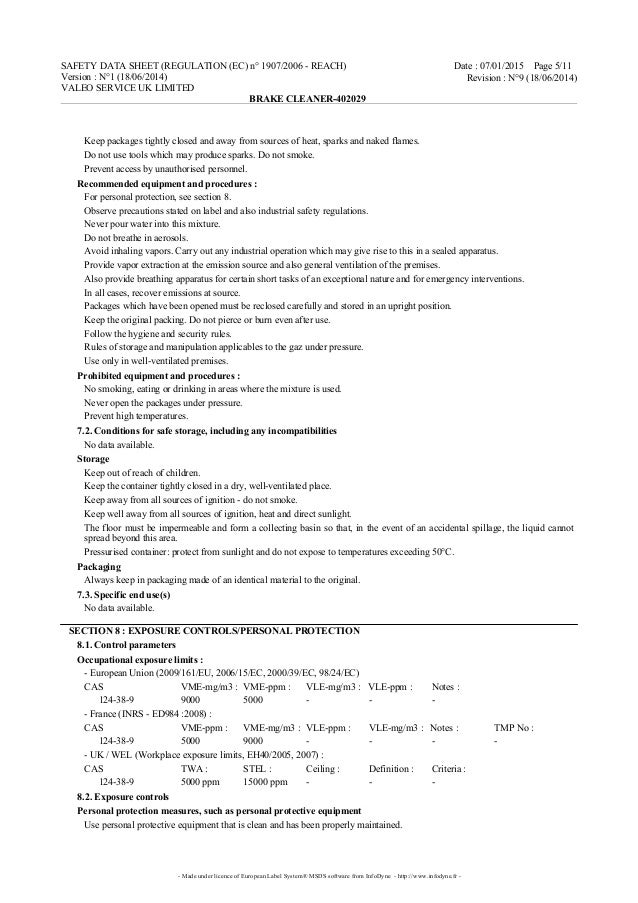 Valeo Braking Systems Brake Cleaner material safety data sheet 402029