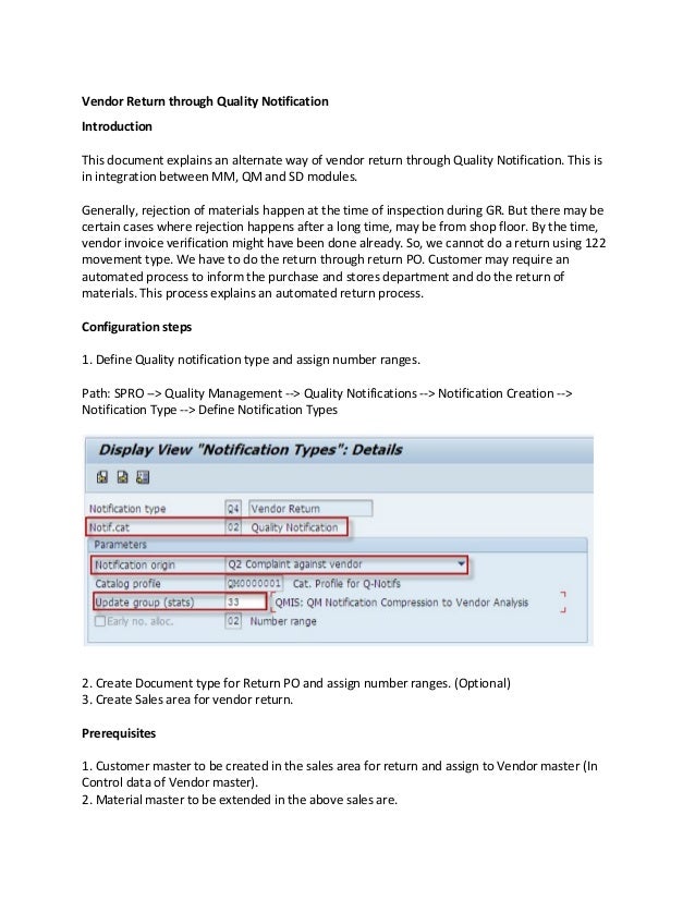 Vendor return through quality notification