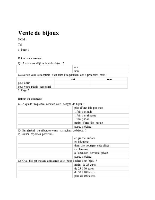 Exemple questionnaire  Vente de bijoux