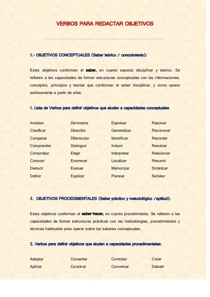 VERBOS PARA REDACTAR OBJETIVOS verbos para redactar objetivos: