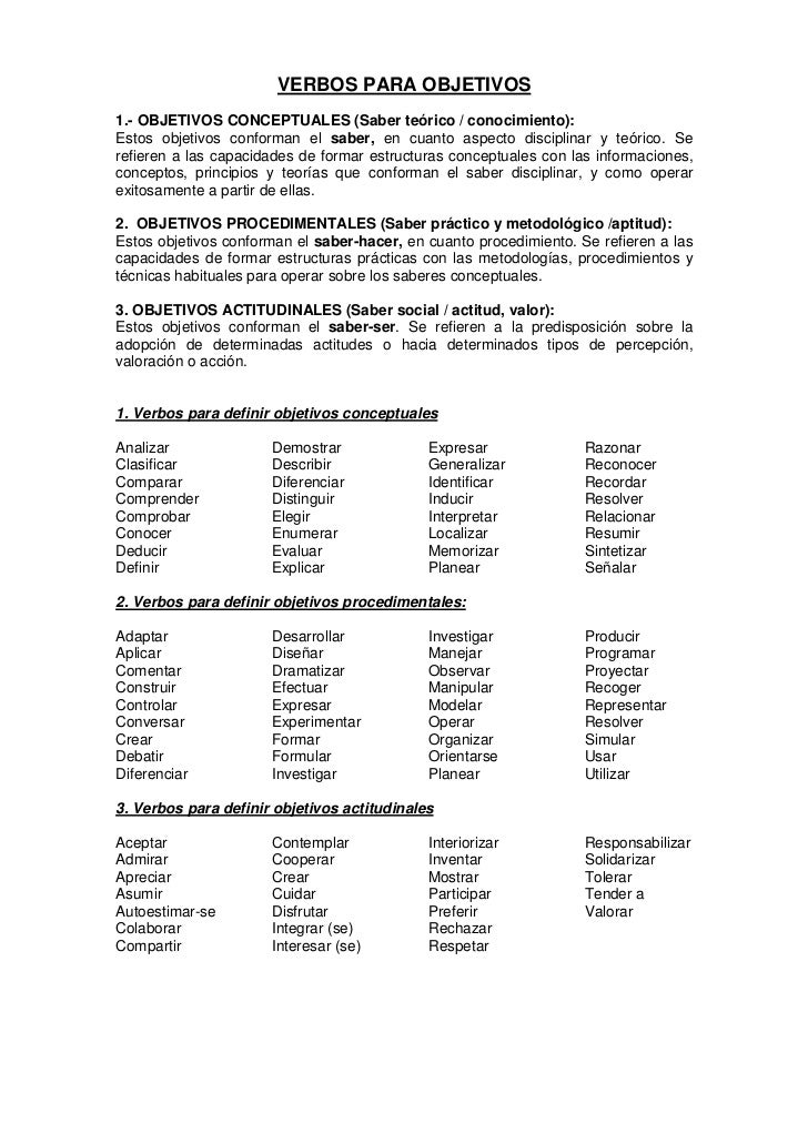 VERBOS PARA REDACTAR OBJETIVOS verbos para redactar objetivos: