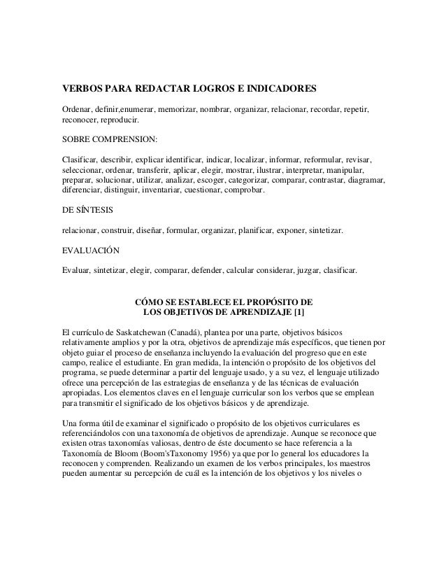 VERBOS PARA REDACTAR OBJETIVOS verbos para redactar objetivos: