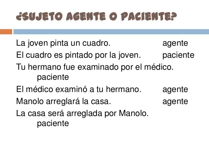 ¿Sujeto agente o paciente?<br />La joven pinta un cuadro.   agente<br />El cuadro es pintado por la joven.  paciente<br />...