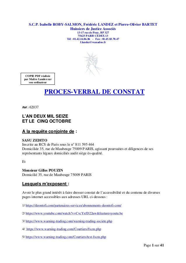 Warningtrading  constat d'huissier pour Deontofi Zedito 20161005
