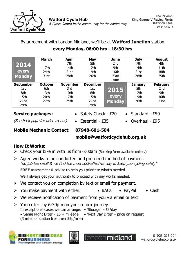 Watford Cycle Hub mobile mechanic/Dr Bike flyer at Watford Junction