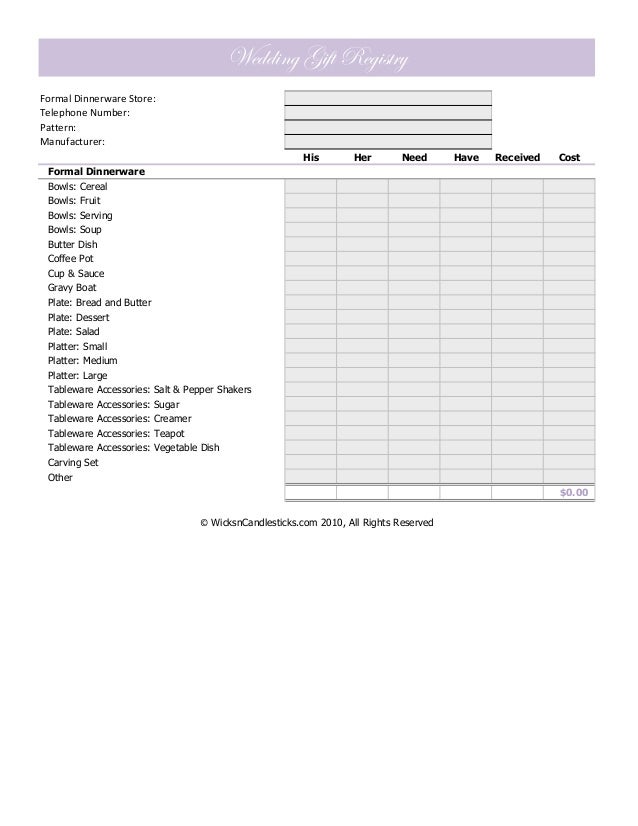 Wedding Gift Registry Checklist