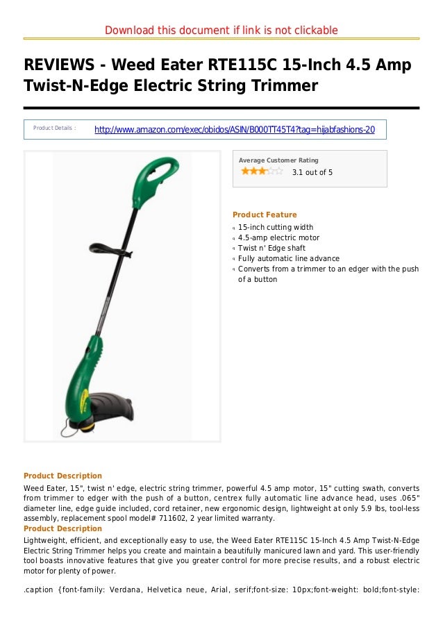 Weed eater rte115 c 15 inch 4.5 amp twistnedge electric string trim…