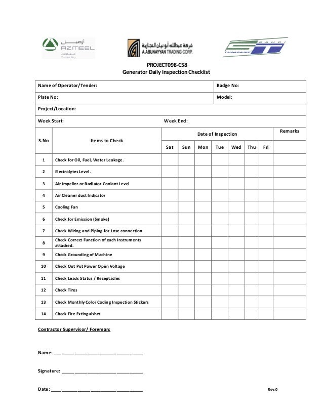 Checklist Form Generator PROJECT098-C58 Generator Daily Inspection Checklist Contractor Supervisor/ Foreman: Name:
