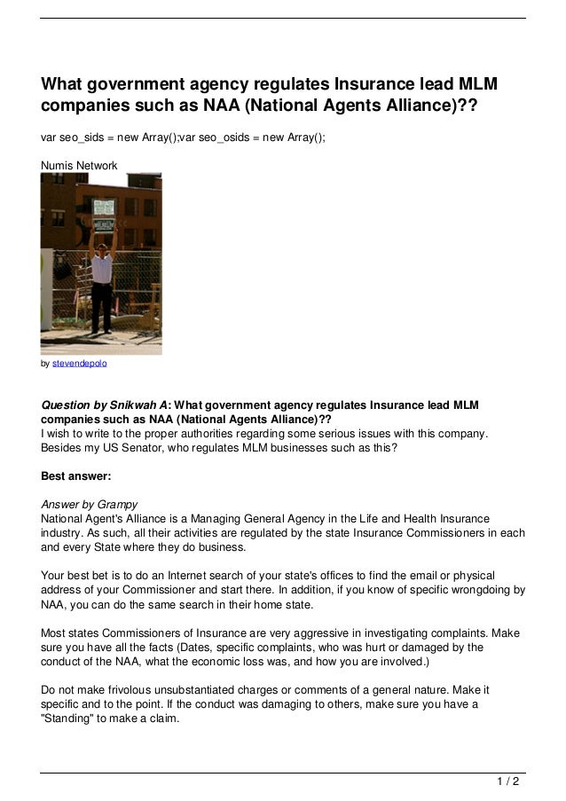 What government agency regulates Insurance lead MLM What government agency regulates Insurance lead MLM