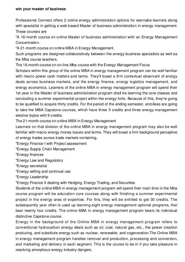 Work on getting your MBA degree in energy management net through Proâ¦