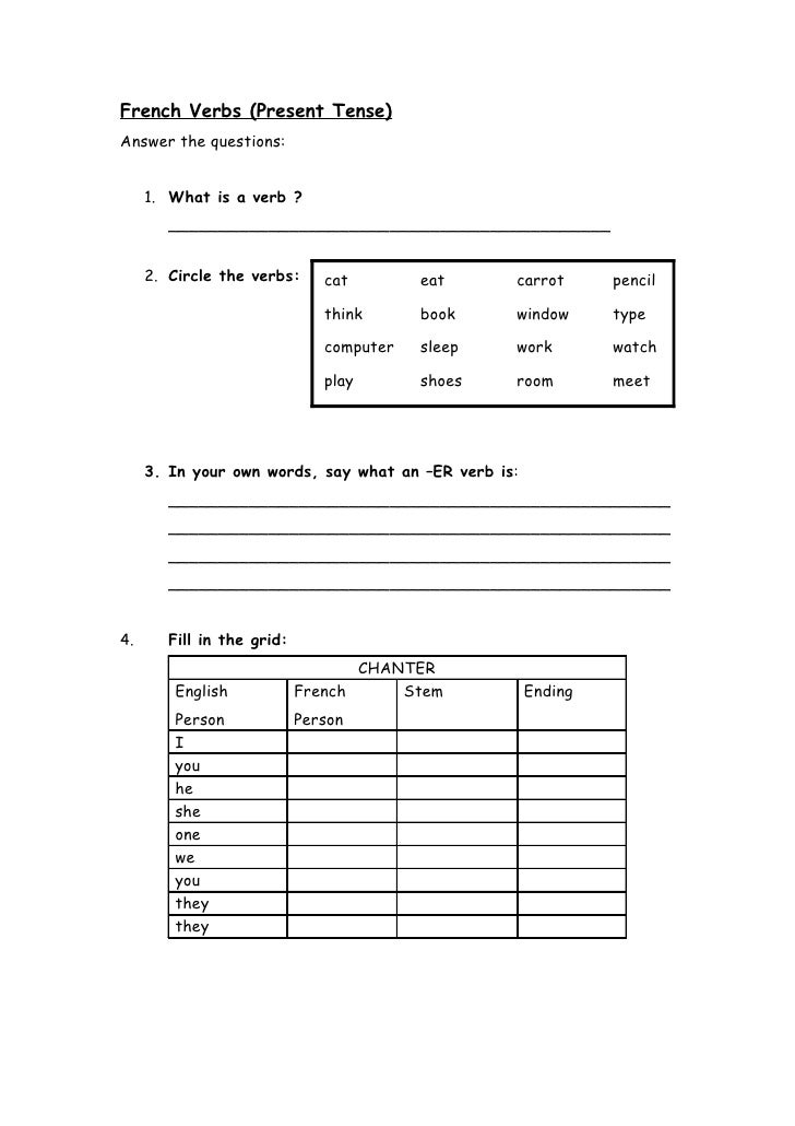 Er And Ir Verbs Worksheet French