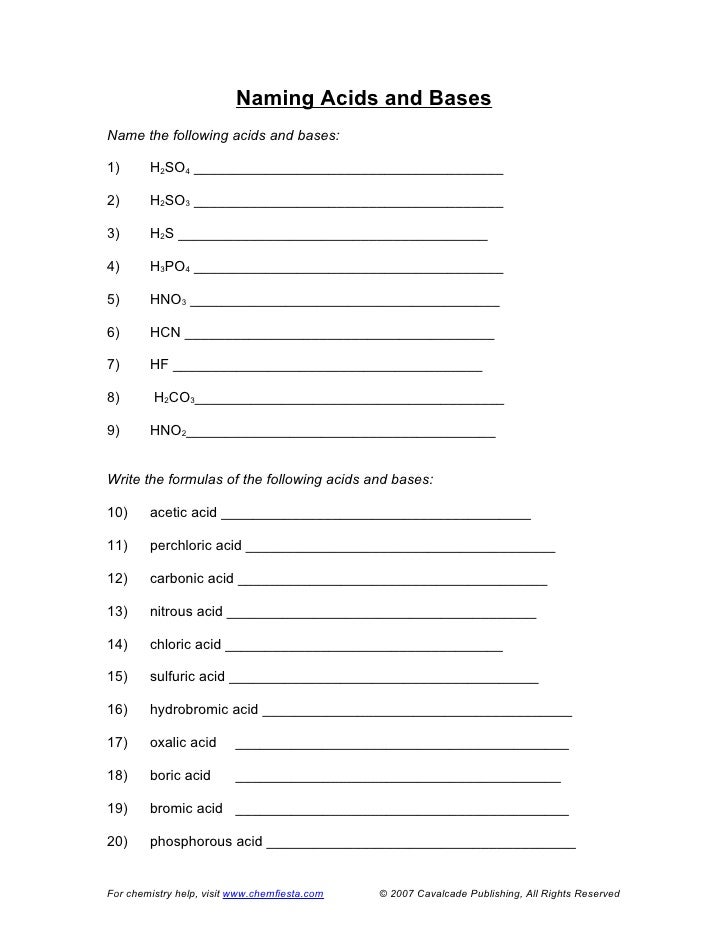 Naming Acids And Bases Worksheet Answers