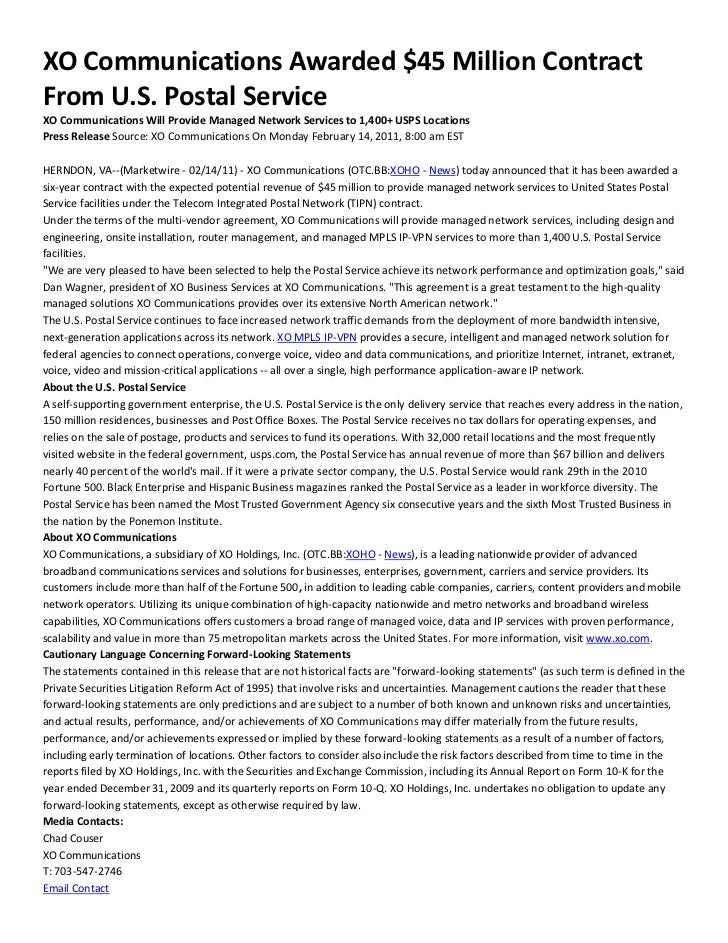 XO Communications Awarded 45 Million Contract From U.S. Postal Servi…
