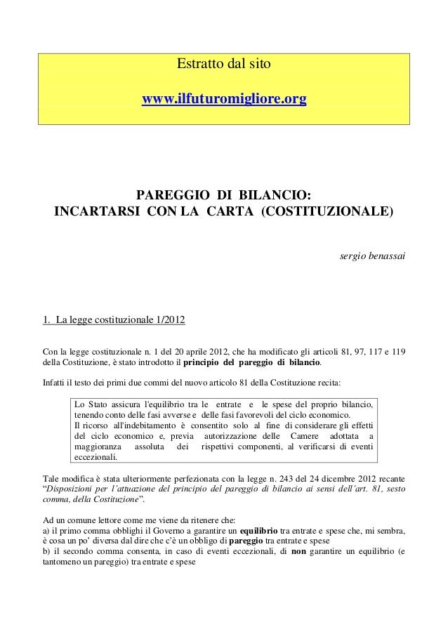 PAREGGIO DI BILANCIO INCARTARSI CON LA CARTA (COSTITUZIONALE)