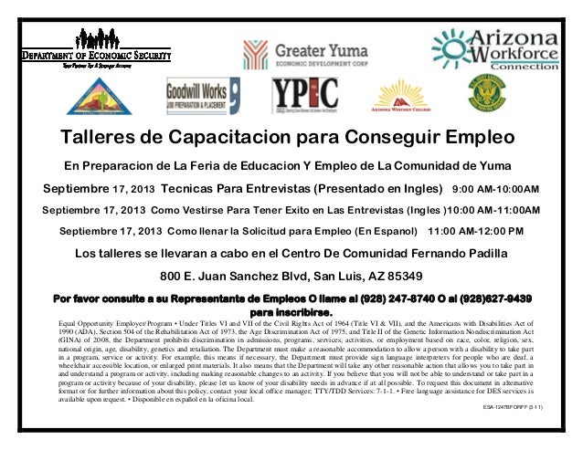 Yuma Community Job Fair Workshop Schedule San Luis Spanish