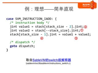 例：理想——简单直观
case SVM_INSTRUCTION_IADD: {
  /* instruction body */
  jint value1 = stack[stack_size - 2].jint; ②
  jint value2 = stack[--stack_size].jint;①
  stack[stack_size - 1].jint = value1 + value2;
                   ④                  ③
  /* dispatch */
  goto dispatch;
}


          取自SableVM的switch版解释器
          (sablevm/src/libsablevm/instructions_switch.c)
 