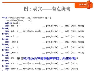 例：现实——有点绕弯
void TemplateTable::iop2(Operation op) {
  transition(itos, itos);
  switch (op) {
  case add :                     __ pop_i(rdx); __ addl (rax, rdx);
break;
  case sub : __ movl(rdx, rax); __ pop_i(rax); __ subl (rax, rdx);
break;
  case mul :                     __ pop_i(rdx); __ imull(rax, rdx);
break;
  case _and :                    __ pop_i(rdx); __ andl (rax, rdx);
break;
  case _or :                     __ pop_i(rdx); __ orl (rax, rdx);
break;
  case _xor :                    __ pop_i(rdx); __ xorl (rax, rdx);
break;
            取自HotSpot VM的模板解释器，AMD64版
  case shl : __ movl(rcx, rax); __ pop_i(rax); __ shll (rax);
break;
  case shr : __ movl(rcx, rax); __ pop_i(rax); __ sarl (rax);
break;
  case ushr : __ movl(rcx, rax); __ pop_i(rax); __ shrl (rax);
 