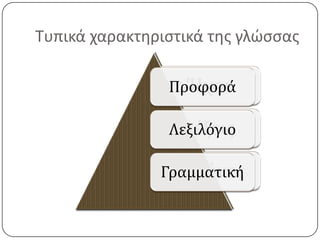 Τυπικά χαρακτηριστικά της γλώσσας

                  Ήχοι
                Προφορά

                 Λέξεις
                Λεξιλόγιο

                Κανόνες
               Γραμματική
 