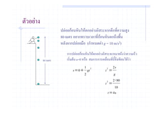 ตัวอยาง
                     ปลอยกอนหินใหตกอยางอิสระจากตึกที่ความสูง
                     80 เมตร อยากทราบเวลาที่กอนหินตกถึงพื้น
                     หลังจากปลอยมือ (กําหนดคา g = 10 m/s2)
                         การปลอยกอนหินใหตกอยางอิสระจะหมายถึงวาความเร็ว
           80 เมตร       เริ่มตน u=0 หรือ สมการการเคลื่อนที่นจงเขียนไดวา
                                                              ี้ ึ
                                    1 2              2    2s
                             s = 0 + gt             t =
                                    2                     g
                                                     2    2 ⋅ 80
                                                    t =
                                                           10
                                                      t = 4s
 