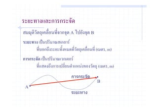 ระยะทางและการกระจัด
สมมุตวัตถุเคลื่อนที่จากจุด A ไปยังจุด B
     ิ
ระยะทาง เปนปริมาณสเกลาร
      ที่บอกถึงระยะทั้งหมดที่วัตถุเคลื่อนที่ (เมตร, m)
การกระจัด เปนปริมาณเวกเตอร
      ที่แสดงถึงการเปลี่ยนตําแหนงของวัตถุ (เมตร, m)
                             การกระจัด
                                             B
 A
                             ระยะทาง
 