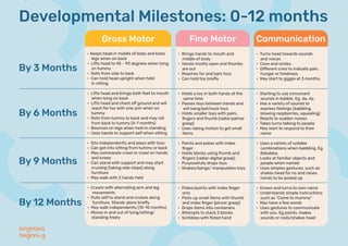 Developmental Milestones: 0-12 months
By 3 Months
By 6 Months
By 9 Months
By 12 Months
• Keeps head in middle of body and kicks
legs when on back
• Lifts head to 45 - 90 degrees when lying
on tummy
• Rolls from side to back
• Can hold head upright when held
in sitting
• Lifts head and brings both feet to mouth
when lying on back
• Lifts head and chest off ground and will
reach for toy with one arm when on
tummy
• Rolls from tummy to back and may roll
from back to tummy (4-7 months)
• Bounces on legs when held in standing
• Uses hands to support self when sitting
• Sits independently and plays with toys
• Can get into sitting from tummy or back
• May commando crawl or crawl on hands
and knees
• Can stand with support and may start
cruising (taking side steps) along
furniture
• May walk with 2 hands held
• Crawls with alternating arm and leg
movements
• Pulls self to stand and cruises along
furniture. Stands alone brieﬂy
• May walk independently (10-15 months)
• Moves in and out of lying/sitting/
standing freely
Gross Motor
• Brings hands to mouth and
middle of body
• Hands mostly open and thumbs
are out
• Reaches for and bats toys
• Can hold toy brieﬂy
• Holds a toy in both hands at the
same time
• Passes toys between hands and
will bang/pat/suck toys
• Holds smaller toys with palm,
ﬁngers and thumb (radial palmar
grasp)
• Uses raking motion to get small
items
• Points and pokes with index
ﬁnger
• Holds blocks using thumb and
ﬁngers (radial-digital grasp)
• Purposefully drops toys
• Shakes/bangs/ manipulates toys
• Pokes/points with index ﬁnger
only
• Picks up small items with thumb
and index ﬁnger (pincer grasp)
• Drops items into containers
• Attempts to stack 2 blocks
• Scribbles with ﬁsted hand
Fine Motor
• Turns head towards sounds
and voices
• Coos and smiles
• Different cries to indicate pain,
hunger or tiredness
• May start to giggle at 3 months.
• Starting to use consonant
sounds in babble. Eg. da, da.
• Has a variety of sounds to
express feelings (babbling,
blowing raspberries, squealing)
• Reacts to sudden noises
• Takes turns talking to people
• May start to respond to their
name
• Uses a variety of syllable
combinations when babbling. Eg
Bababba.
• Looks at familiar objects and
people when named
• Uses simples gestures, such as
shakes head for no and raises
hands to be picked up
• Knows and turns to own name
• Understands simple instructions
such as "Come to mummy"
• May have a few words
• Uses gestures to communicate
with you. Eg points, makes
sounds or nods/shakes head
Communication
 