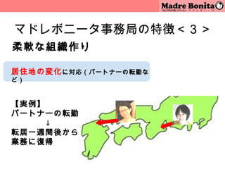 マドレボニータ事務局の特徴＜３＞
柔軟な組織作り

居住地の変化 に対応（パートナーの転勤な
ど）


【実例】
パートナーの転勤
　　　　↓
転居一週間後から
業務に復帰
                       11
 