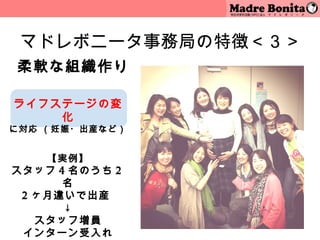 マドレボニータ事務局の特徴＜３＞
柔軟な組織作り

ライフステージの変
    化
に対応 （妊娠・出産など）


    【実例】
スタッフ 4 名のうち 2
      名
 2 ヶ月違いで出産
      ↓
   スタッフ増員       12
 インターン受入れ
 