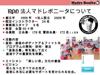 NPO 法人マドレボニータについて
●   創立年    1998 年　●法人設立　 2008 年
●   認定インストラクター　 24 名
●   事務局スタッフ　 ９名
●   教室　全国 50 ヶ所
●   会員数　正会員・ 176 名 賛助会員・ 172 名 （ 1 月末現在）

● 活動内容
◆ 産前・産後のボディケア＆フィットネス
　プログラムの開発・研究・普及
◆ 「産後白書」等を通して広く
　産後ケアの重要性を啓蒙。  
 
● ミッション　「美しい母」文化の創造
● ビジョン
　母となったすべての女性が、
                     2
　産後に本当に必要なサポートを受けられる社会。  
 