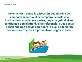 Se entienden como la expresión cuantitativa del
comportamiento o el desempeño de toda una
institución o una de sus partes, cuya magnitud al ser
comparada con algún nivel de referencia, puede estar
señalando una desviación sobre la cual se tomaran
acciones correctivas o preventivas según el caso.
•INDICADOR
 