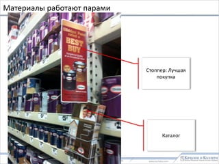www.kachalov.com
Входная Группа: 10 инструментов
Перед
входом
1. Внешняя вывеска с
подсветкой
2. Штендеры с низкими
ценами
3. Стоппер с названием
магазина и аргументом
4. Стоппер с товаром и
аргументом
5. Музыка
6. Световое пятно,
бегающее на тротуаре
Витрина
1. Продающие
аргументы, 4-7 шт
2. Низкие цены и скидка
3. Товар Крупно: макет или
постер
4. экран 42+дюйма с видео
о товаре
- 6 -0.3_BenchMerchDIY_v2.1.pptx
 