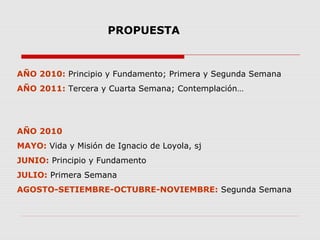 PROPUESTA

AÑO 2010: Principio y Fundamento; Primera y Segunda Semana
AÑO 2011: Tercera y Cuarta Semana; Contemplación…

AÑO 2010
MAYO: Vida y Misión de Ignacio de Loyola, sj
JUNIO: Principio y Fundamento
JULIO: Primera Semana
AGOSTO-SETIEMBRE-OCTUBRE-NOVIEMBRE: Segunda Semana

 