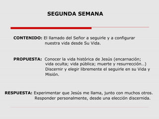 SEGUNDA SEMANA

CONTENIDO: El llamado del Señor a seguirle y a configurar
nuestra vida desde Su Vida.

PROPUESTA: Conocer la vida histórica de Jesús (encarnación;
vida oculta; vida pública; muerte y resurrección…)
Discernir y elegir libremente el seguirle en su Vida y
Misión.

RESPUESTA: Experimentar que Jesús me llama, junto con muchos otros.
Responder personalmente, desde una elección discernida.

 