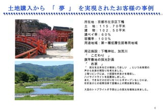 土地購入から 「 夢 」 を実現されたお客様の事例 <ul><li>所在地：京都市左京区下鴨 </li></ul><ul><li>土　 地：１１５．７０平米 </li></ul><ul><li>建　 物：１０２．５０平米 </li></ul><...