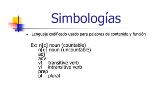 Simbologías
Si b l í
Lenguaje codificado usado para palabras de contenido y función

Ex: n[c] noun (countable)
n[u] noun (uncountable)
adj
adv
vt transitive verb
vi intransitive verb
prep
pl plural

 