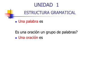 UNIDAD 1
ESTRUCTURA GRAMATICAL
Una palabra es
Es una oración un grupo de palabras?
Una oración es

 