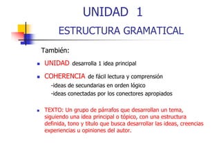 UNIDAD 1
ESTRUCTURA GRAMATICAL
También:
UNIDAD desarrolla 1 idea principal
COHERENCIA de fácil lectura y comprensión
-ideas de secundarias en orden lógico
-ideas conectadas por los conectores apropiados
p
p p
TEXTO: Un grupo de párrafos que desarrollan un tema,
siguiendo una idea principal o tópico, con una estructura
i i d
id
i i l tó i
t t
definida, tono y titulo que busca desarrollar las ideas, creencias
experiencias u opiniones del autor.

 