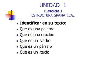 UNIDAD 1
Ejercicio 1
ESTRUCTURA GRAMATICAL

Identificar en su texto:
Que es una palabra
Que es una oración
Q
Que es un verbo
Que es un párrafo
Que
Q es un texto
t t

 