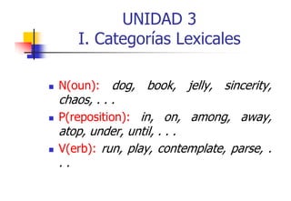 UNIDAD 3
I. Categorías Lexicales
N(oun): dog, book, jelly, sincerity,

chaos,
chaos . . .

P(reposition): in, on, among, away,

atop, under, until, . . .
V(erb): run, play, contemplate, parse, .
..

 