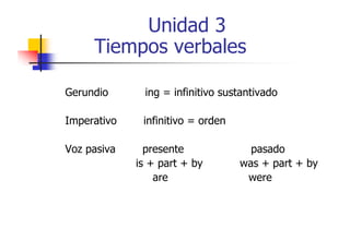 Unidad 3
Tiempos verbales
Gerundio

ing = infinitivo sustantivado

Imperativo

infinitivo = orden

Voz pasiva

presente
is + part + by
are

pasado
was + part + by
were

 