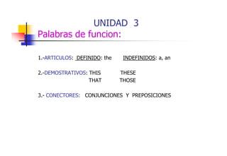UNIDAD 3
Palabras de funcion:
1. ARTICULOS:
1 -ARTICULOS: DEFINIDO: the
2.-DEMOSTRATIVOS: THIS
THAT

INDEFINIDOS: a, an
a
THESE
THOSE

3.- CONECTORES: CONJUNCIONES Y PREPOSICIONES

 