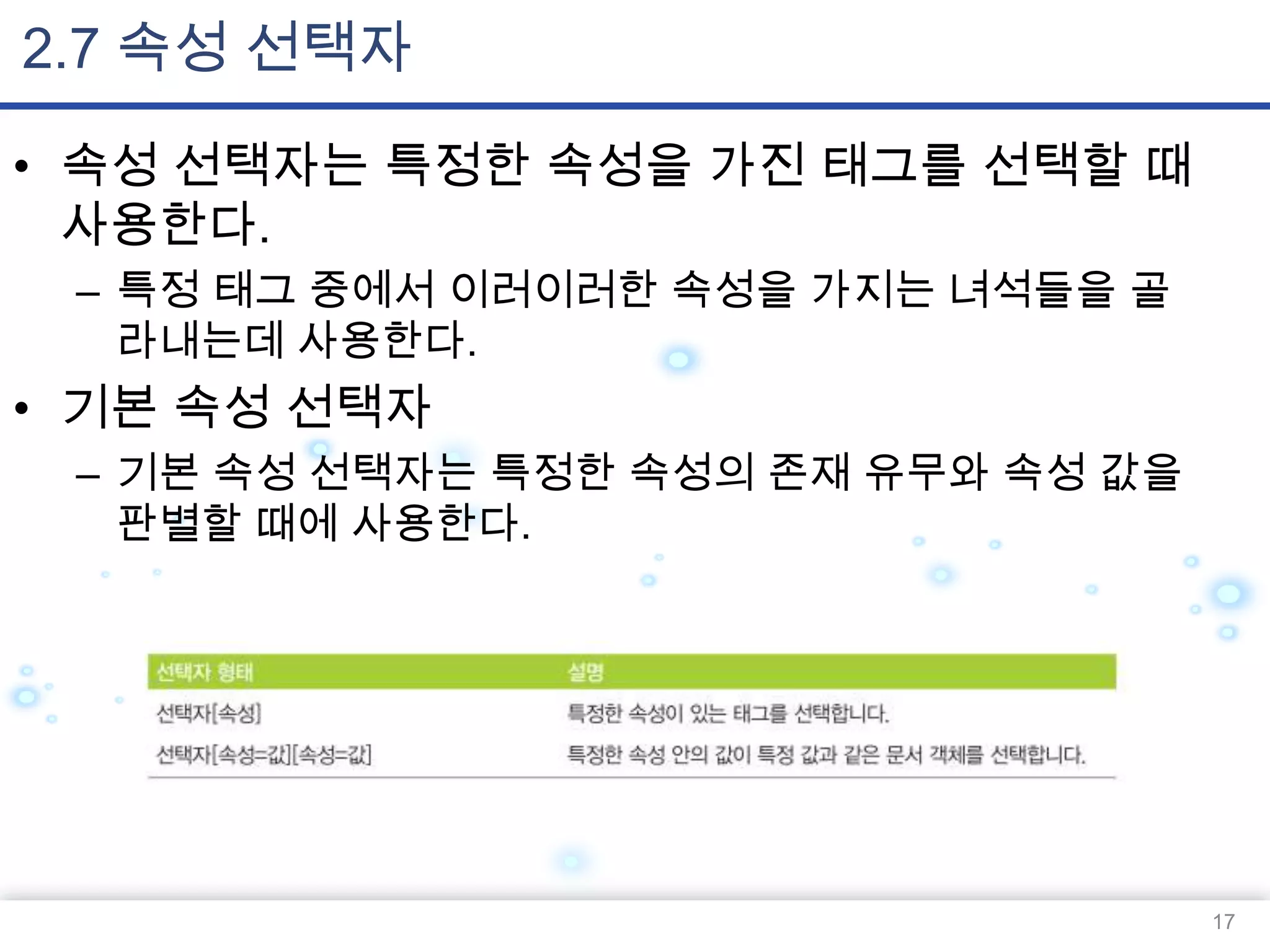 2.7 속성 선택자
• 속성 선택자는 특정한 속성을 가진 태그를 선택할 때
사용한다.
– 특정 태그 중에서 이러이러한 속성을 가지는 녀석들을 골
라내는데 사용한다.

• 기본 속성 선택자
– 기본 속성 선택자는 특정한 속성의 존재 유무와 속성 값을
판별할 때에 사용한다.

17

 