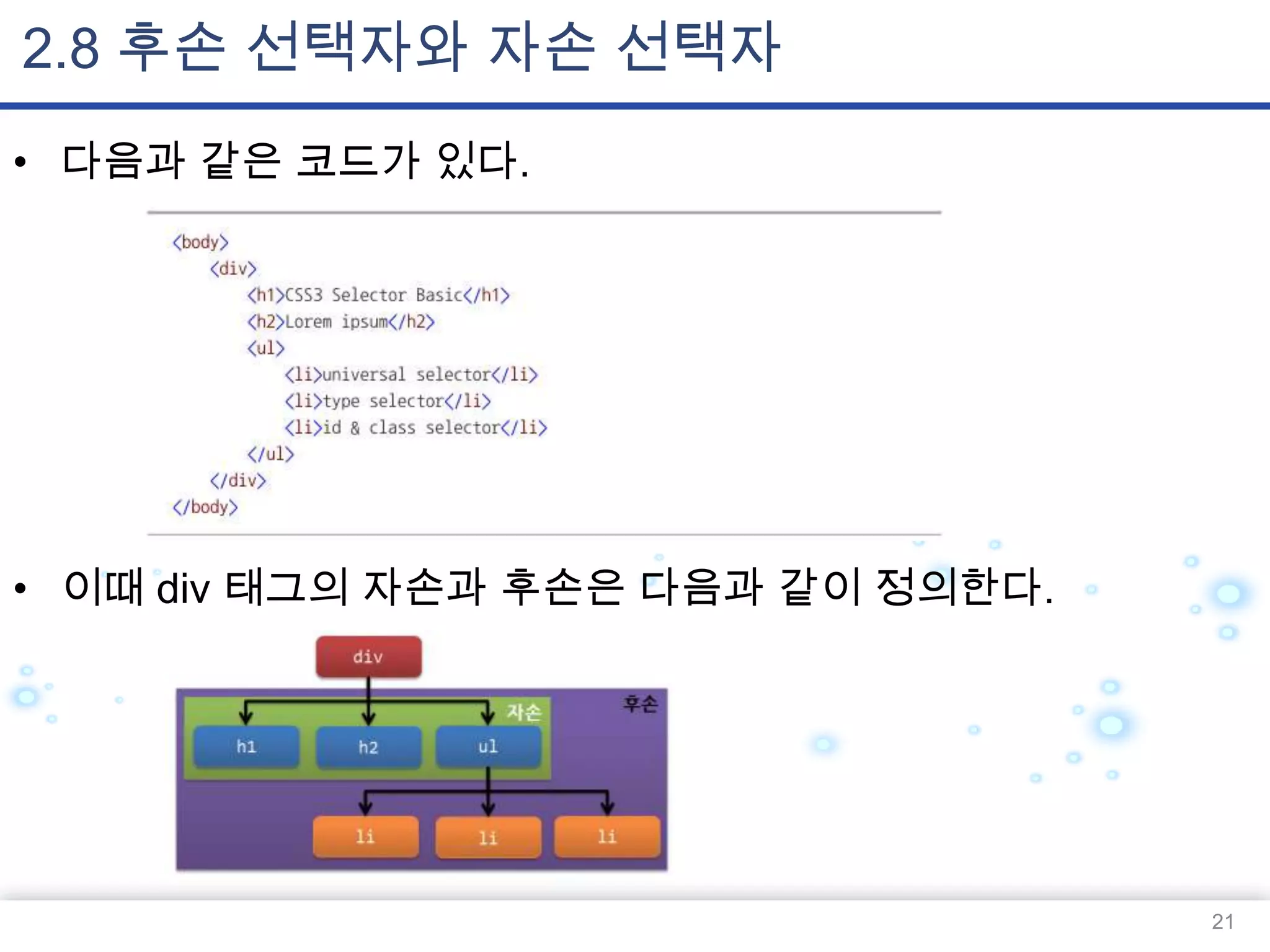 2.8 후손 선택자와 자손 선택자
• 다음과 같은 코드가 있다.

• 이때 div 태그의 자손과 후손은 다음과 같이 정의한다.

21

 