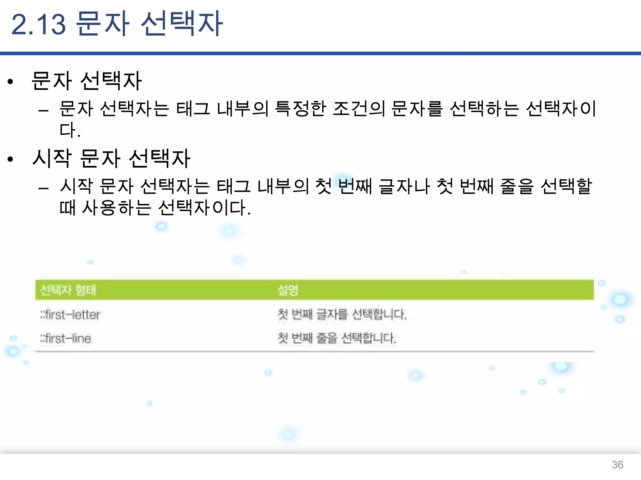 2.13 문자 선택자
• 문자 선택자
– 문자 선택자는 태그 내부의 특정한 조건의 문자를 선택하는 선택자이
다.

• 시작 문자 선택자
– 시작 문자 선택자는 태그 내부의 첫 번째 글자나 첫 번째 줄을 선택할
때 사용하는 선택자이다.

36

 