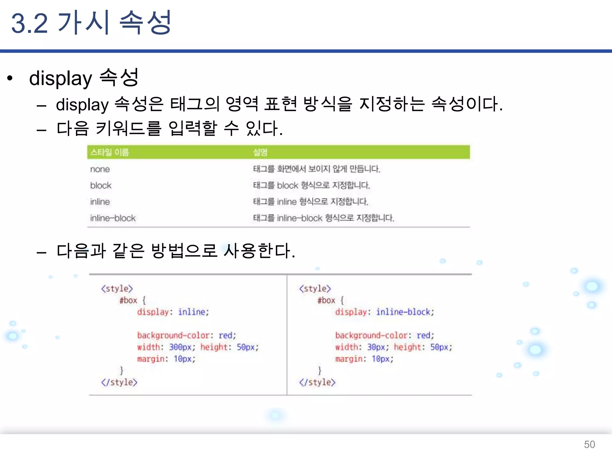 3.2 가시 속성
• display 속성
– display 속성은 태그의 영역 표현 방식을 지정하는 속성이다.
– 다음 키워드를 입력할 수 있다.

– 다음과 같은 방법으로 사용한다.

50

 