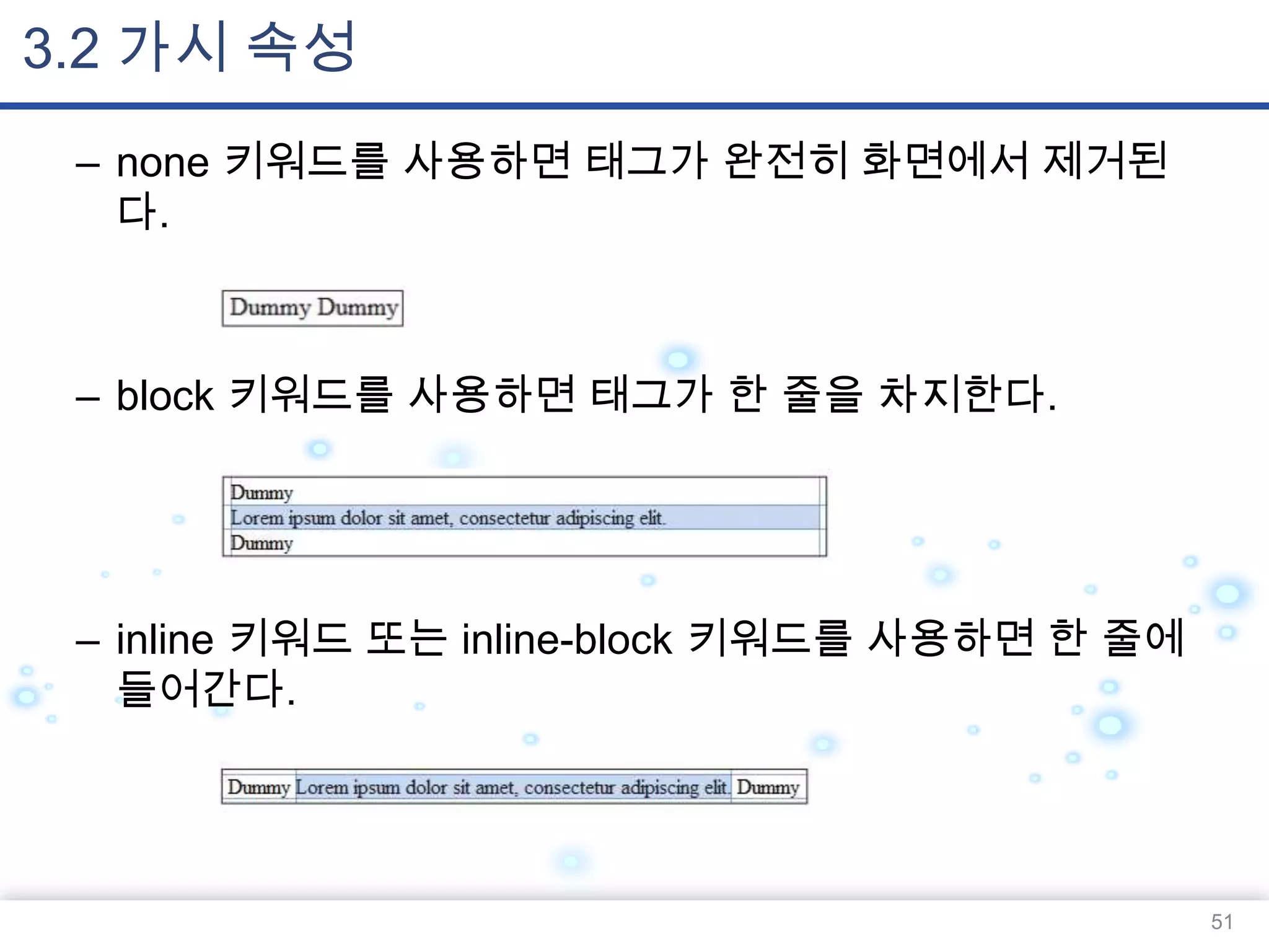 3.2 가시 속성
– none 키워드를 사용하면 태그가 완전히 화면에서 제거된
다.

– block 키워드를 사용하면 태그가 한 줄을 차지한다.

– inline 키워드 또는 inline-block 키워드를 사용하면 한 줄에
들어간다.

51

 