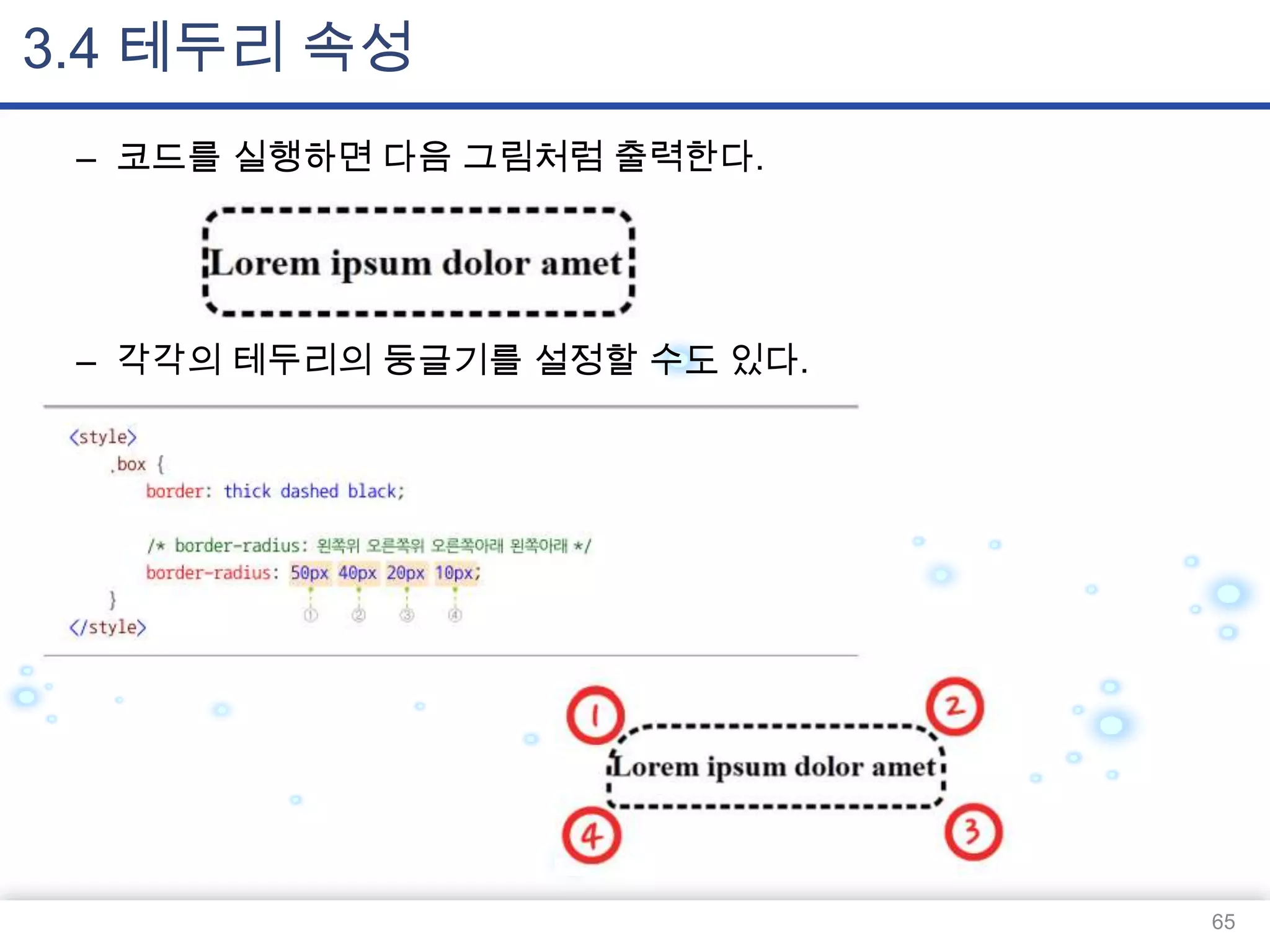 3.4 테두리 속성
– 코드를 실행하면 다음 그림처럼 출력한다.

– 각각의 테두리의 둥글기를 설정할 수도 있다.

65

 