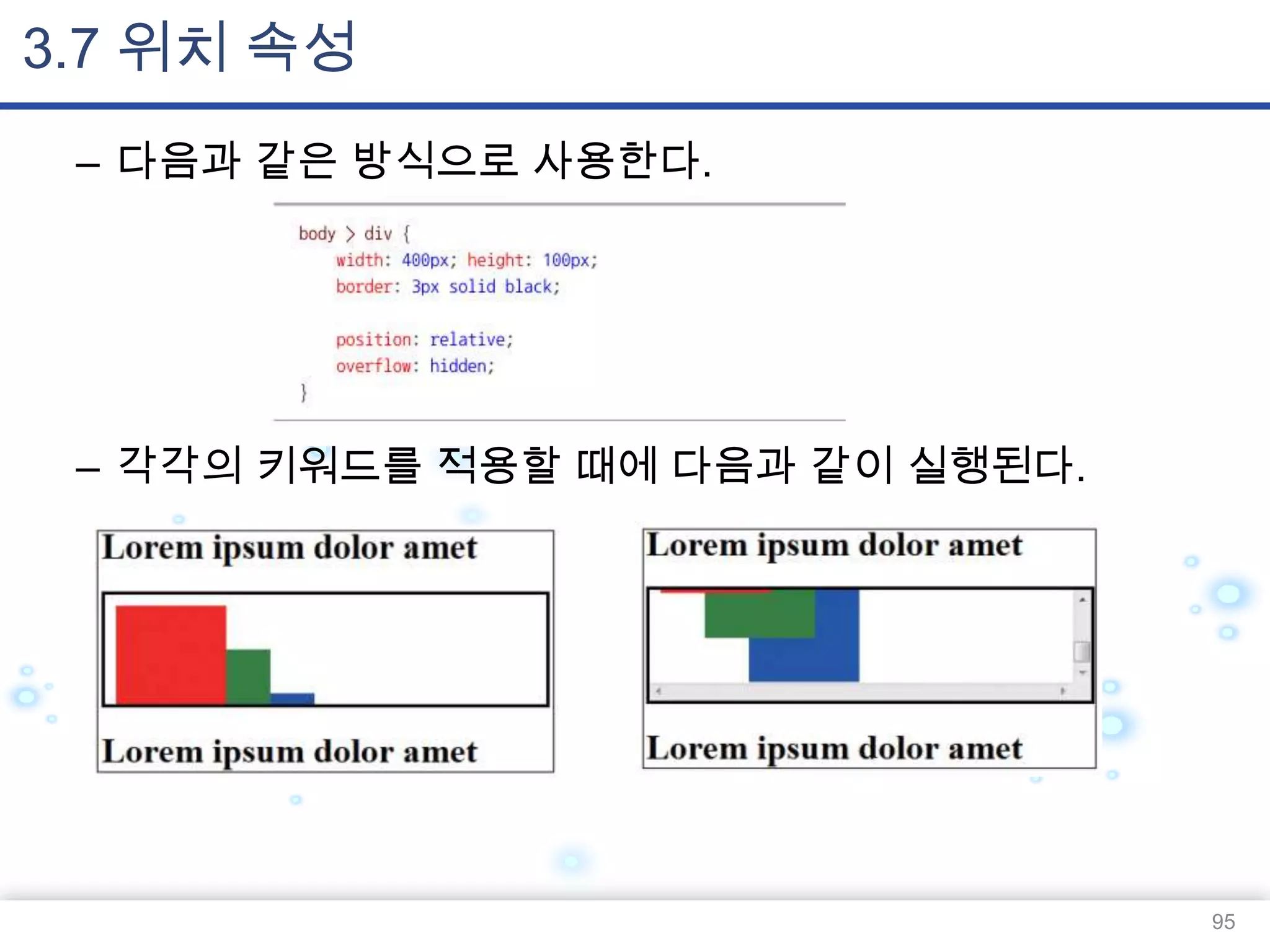 3.7 위치 속성
– 다음과 같은 방식으로 사용한다.

– 각각의 키워드를 적용할 때에 다음과 같이 실행된다.

95

 
